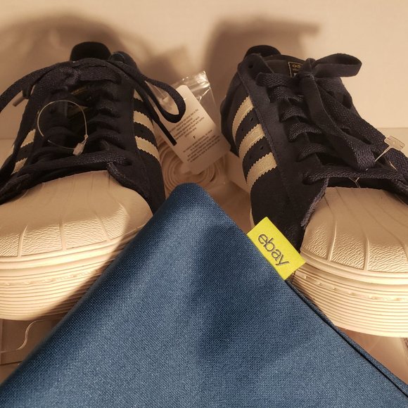 ADIDAS SUPERSTAR VULC SHELL TOE SHOES - MENS 10.5 BLUE/WHITE/GOLD PRINT/GUM SOLE - Picture 13 of 16